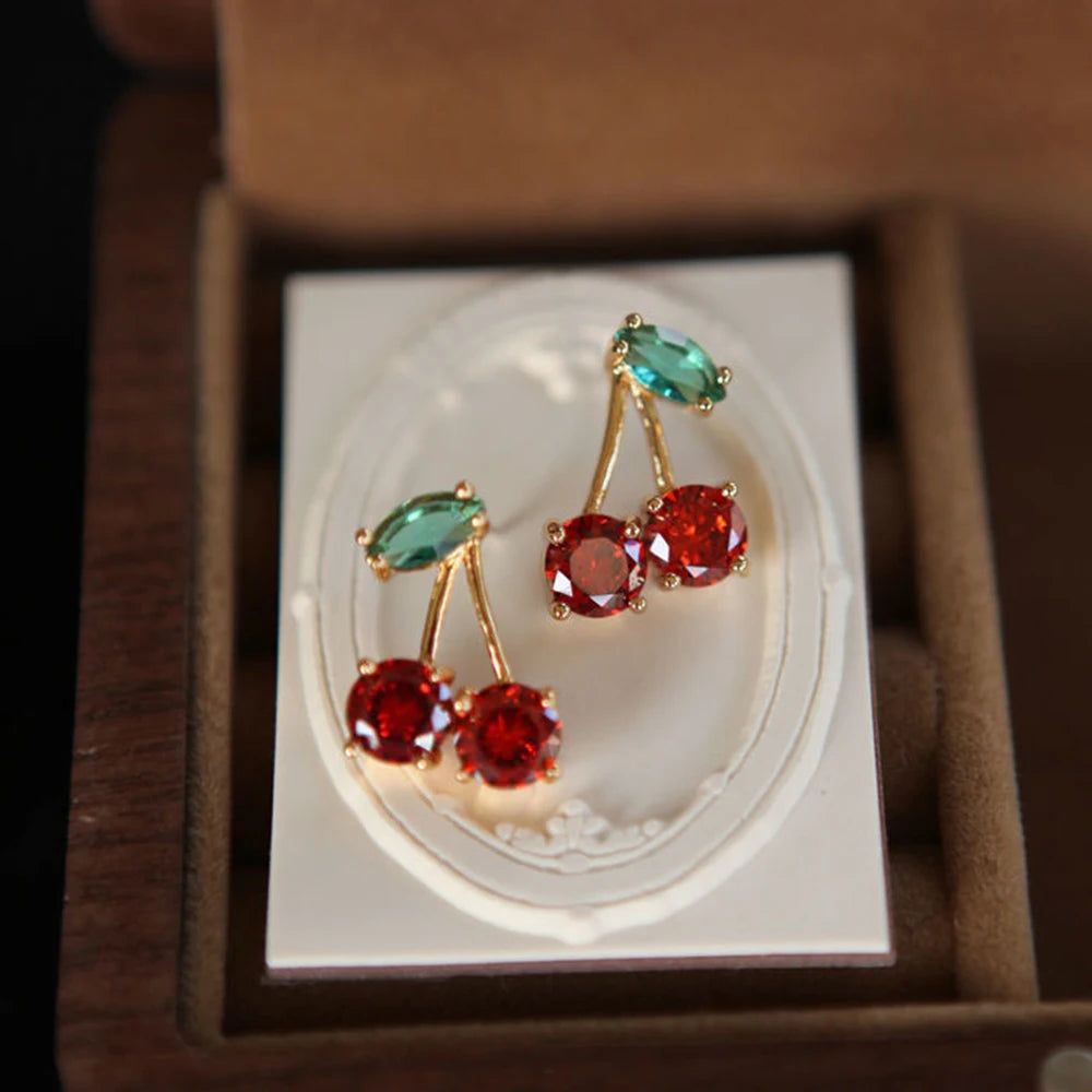 Red Zircon Cherry Leaf Earrings – Elegant Crystal Dangle Studs